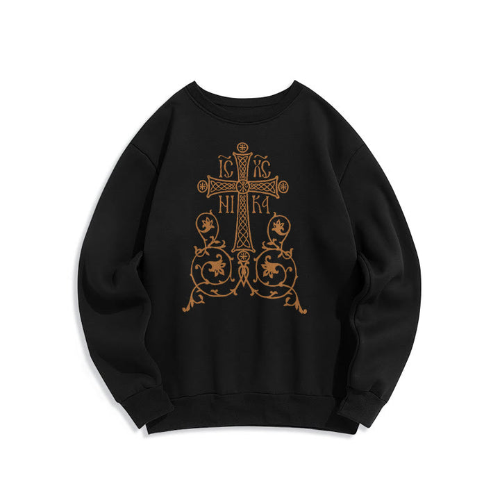 Sweat-shirt en polyester doublé polaire style classique Christianartworkshop, orné d'un emblème de croix sacrée, de fleurs et de vignes. - Noir - 2XL - image 0