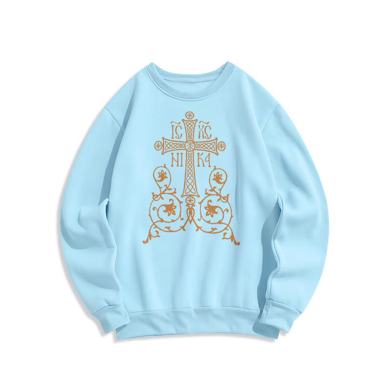 Sweat-shirt en polyester doublé polaire style classique Christianartworkshop, orné d'un emblème de croix sacrée, de fleurs et de vignes. - Bleu - 2XL - image 25
