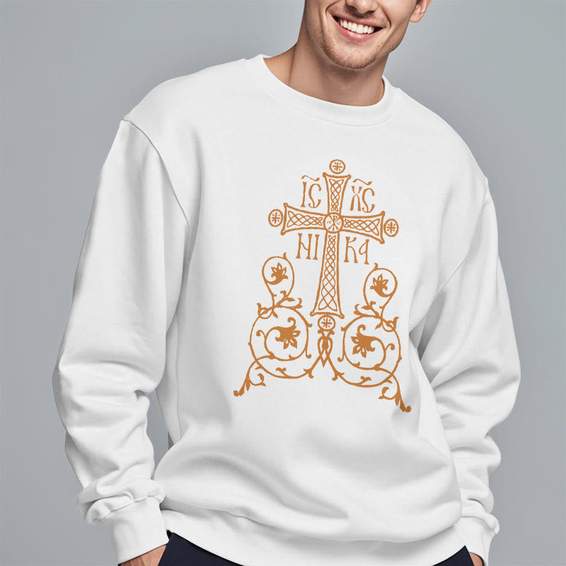 Sweat-shirt en polyester doublé polaire style classique Christianartworkshop, orné d'un emblème de croix sacrée, de fleurs et de vignes. - image 8