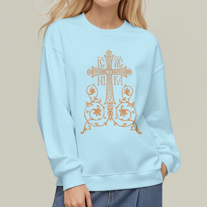 Sweat-shirt en polyester doublé polaire style classique Christianartworkshop, orné d'un emblème de croix sacrée, de fleurs et de vignes. - image 27