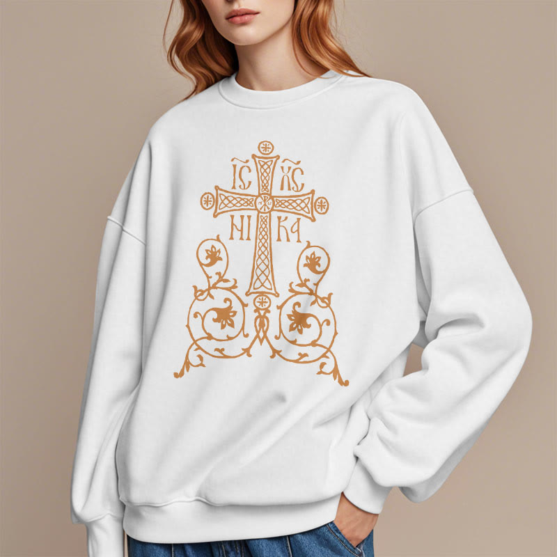 Sweat-shirt en polyester doublé polaire style classique Christianartworkshop, orné d'un emblème de croix sacrée, de fleurs et de vignes. - image 7
