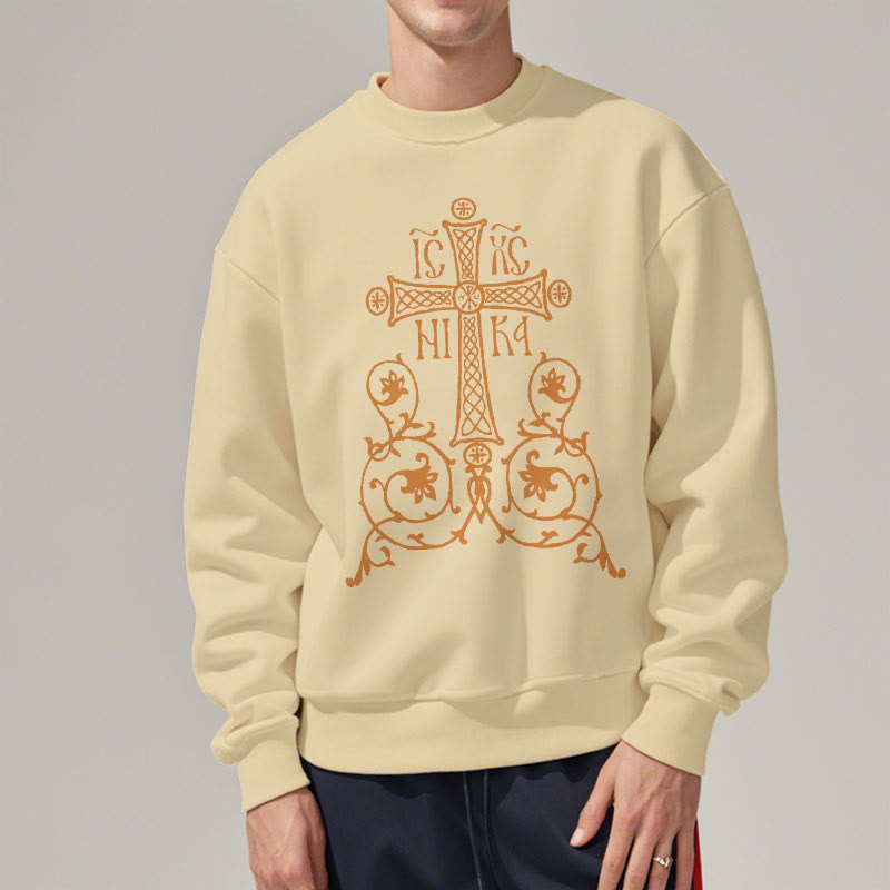 Sweat-shirt en polyester doublé polaire style classique Christianartworkshop, orné d'un emblème de croix sacrée, de fleurs et de vignes. - image 12