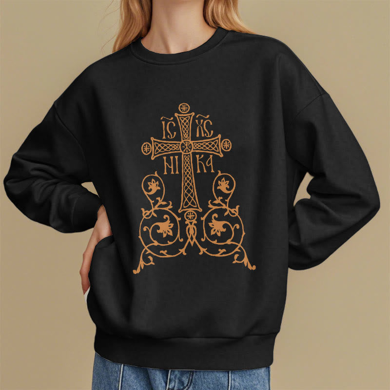 Sweat-shirt en polyester doublé polaire style classique Christianartworkshop, orné d'un emblème de croix sacrée, de fleurs et de vignes. - image 1