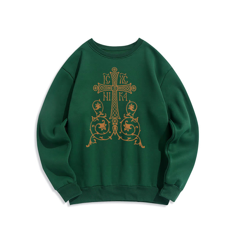 Sweat-shirt en polyester doublé polaire style classique Christianartworkshop, orné d'un emblème de croix sacrée, de fleurs et de vignes. - Vert - 2XL - image 20