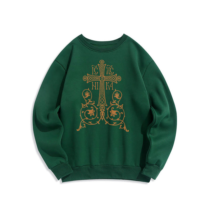 Sweat-shirt en polyester doublé polaire style classique Christianartworkshop, orné d'un emblème de croix sacrée, de fleurs et de vignes. - Vert - 2XL - image 20