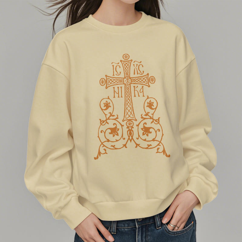 Sweat-shirt en polyester doublé polaire style classique Christianartworkshop, orné d'un emblème de croix sacrée, de fleurs et de vignes. - image 13