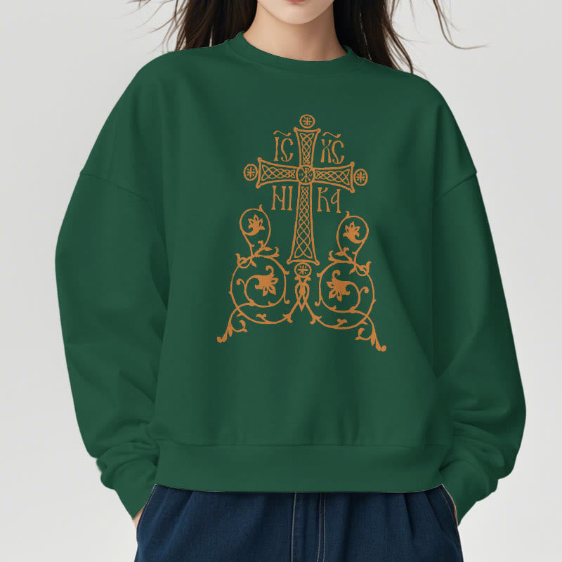 Sweat-shirt en polyester doublé polaire style classique Christianartworkshop, orné d'un emblème de croix sacrée, de fleurs et de vignes. - image 23