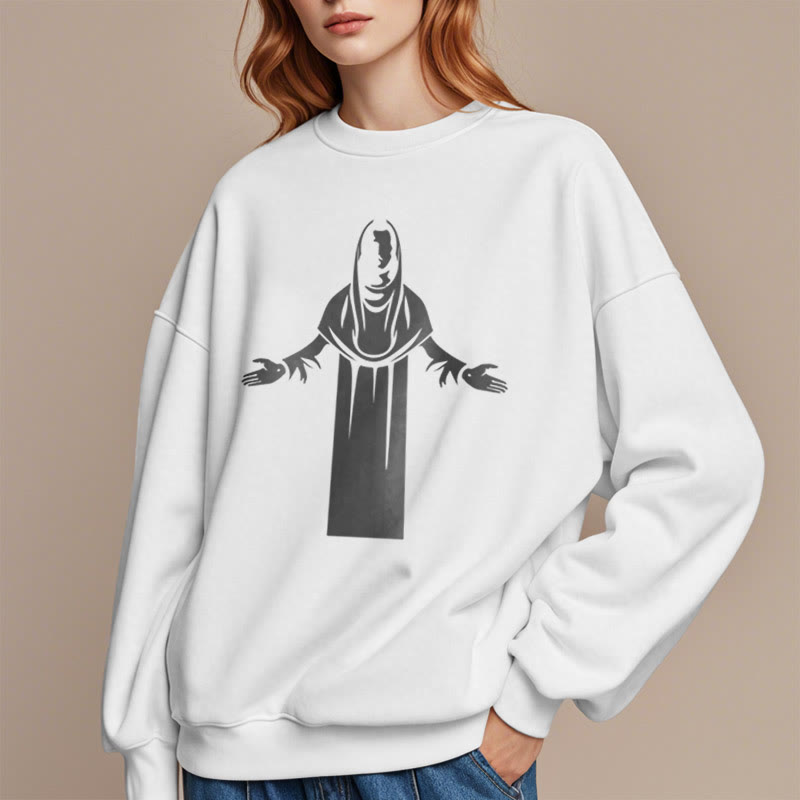 Sweat-shirt en polyester doublé polaire avec une figurine de saint de style classique, mains ouvertes en prière, de Christianartworkshop - image 13