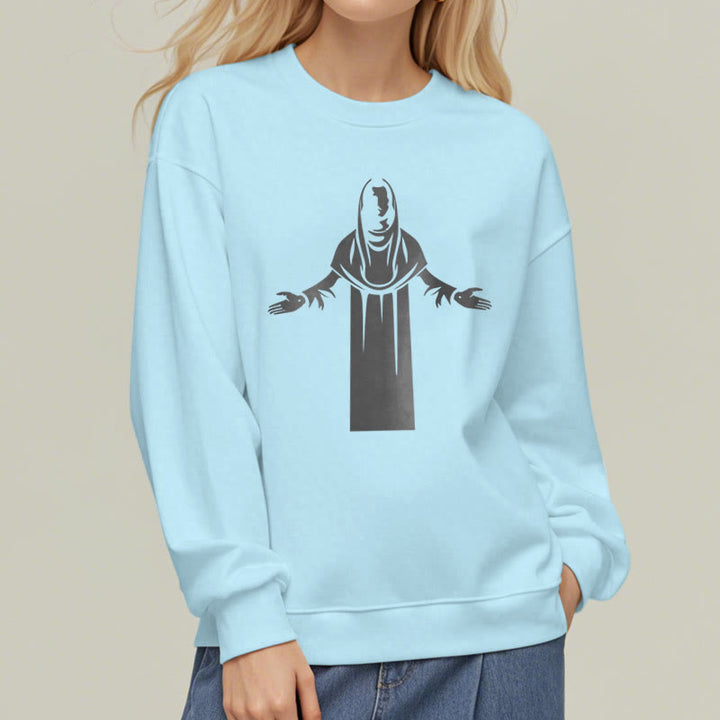 Sweat-shirt en polyester doublé polaire avec une figurine de saint de style classique, mains ouvertes en prière, de Christianartworkshop - image 28