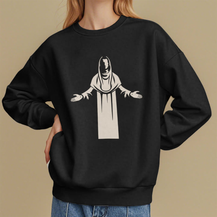 Sweat-shirt en polyester doublé polaire avec une figurine de saint de style classique, mains ouvertes en prière, de Christianartworkshop - image 8