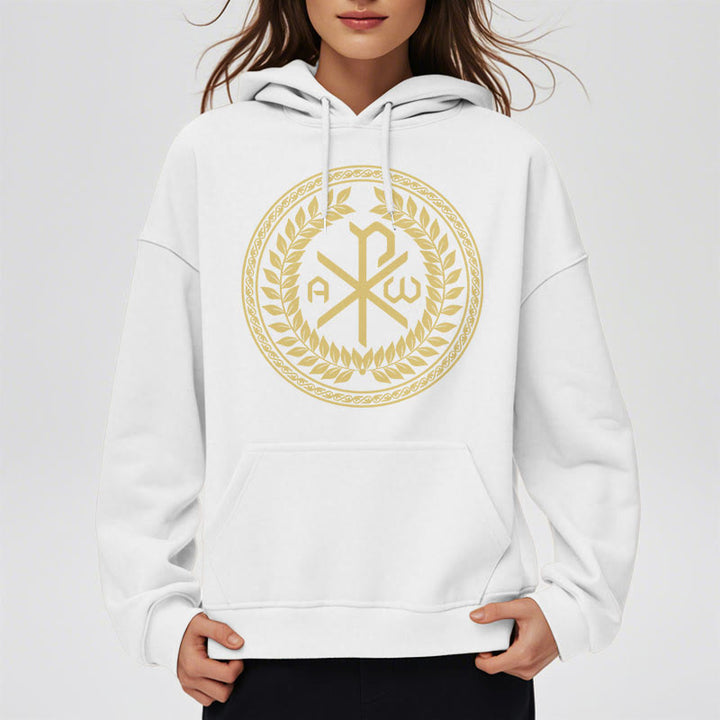 Sweat à capuche en polyester doublé polaire, style classique, orné de l'emblème sacré Chi-rho et d'une couronne de laurier, signé Christianartworkshop - image 8