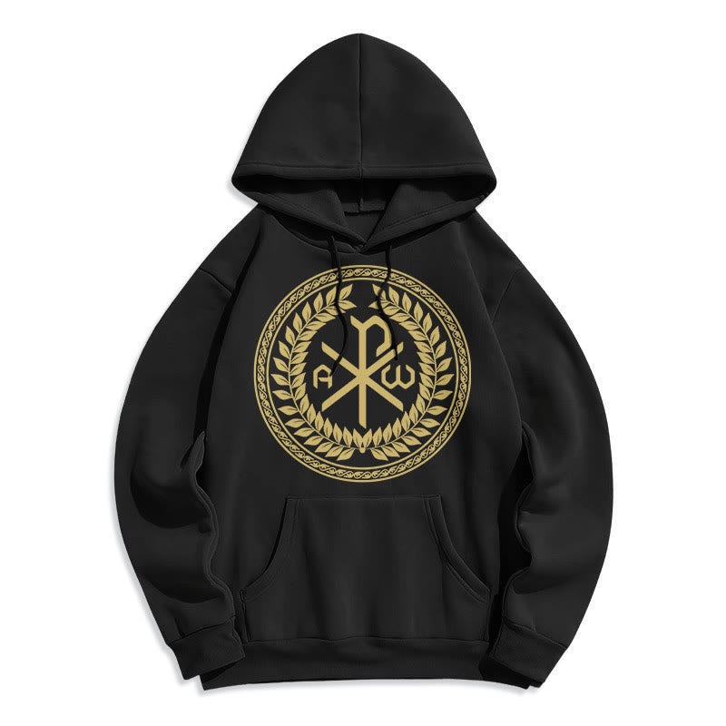 Sweat à capuche en polyester doublé polaire, style classique, orné de l'emblème sacré Chi-rho et d'une couronne de laurier, signé Christianartworkshop - Noir - 2XL - image 0