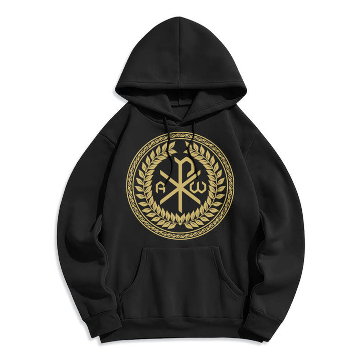 Sweat à capuche en polyester doublé polaire, style classique, orné de l'emblème sacré Chi-rho et d'une couronne de laurier, signé Christianartworkshop - Noir - 2XL - image 0