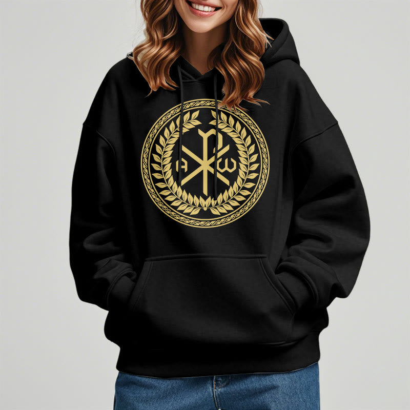 Sweat à capuche en polyester doublé polaire, style classique, orné de l'emblème sacré Chi-rho et d'une couronne de laurier, signé Christianartworkshop - image 1