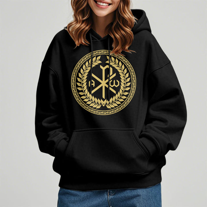 Sweat à capuche en polyester doublé polaire, style classique, orné de l'emblème sacré Chi-rho et d'une couronne de laurier, signé Christianartworkshop - image 1