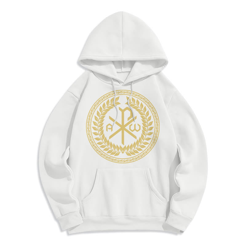 Sweat à capuche en polyester doublé polaire, style classique, orné de l'emblème sacré Chi-rho et d'une couronne de laurier, signé Christianartworkshop - Blanc - 2XL - image 5