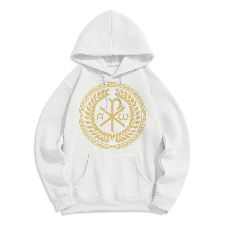 Sweat à capuche en polyester doublé polaire, style classique, orné de l'emblème sacré Chi-rho et d'une couronne de laurier, signé Christianartworkshop - Blanc - 2XL - image 5
