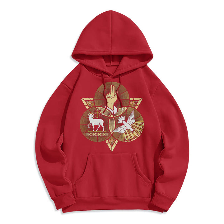 Christianartworkshop Sweat à capuche en polyester doublé polaire, style moderne, Saint Benoît, Agneau de Dieu, Colombe - Rouge - 2XL - image 35