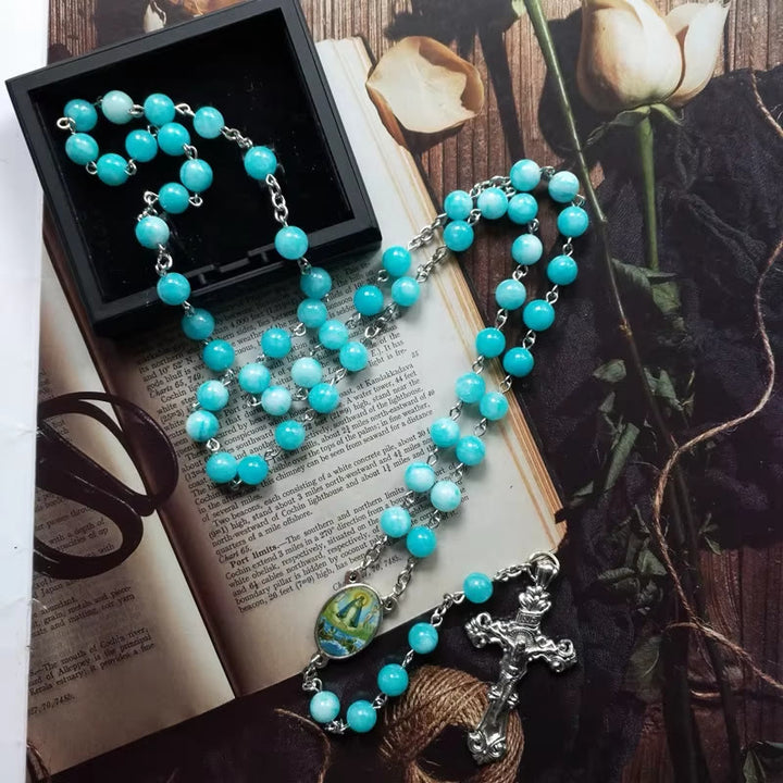 Christianartworkshop Chapelet en alliage avec pierre bleue ronde de 8 mm et crucifix - Bleu - image 0