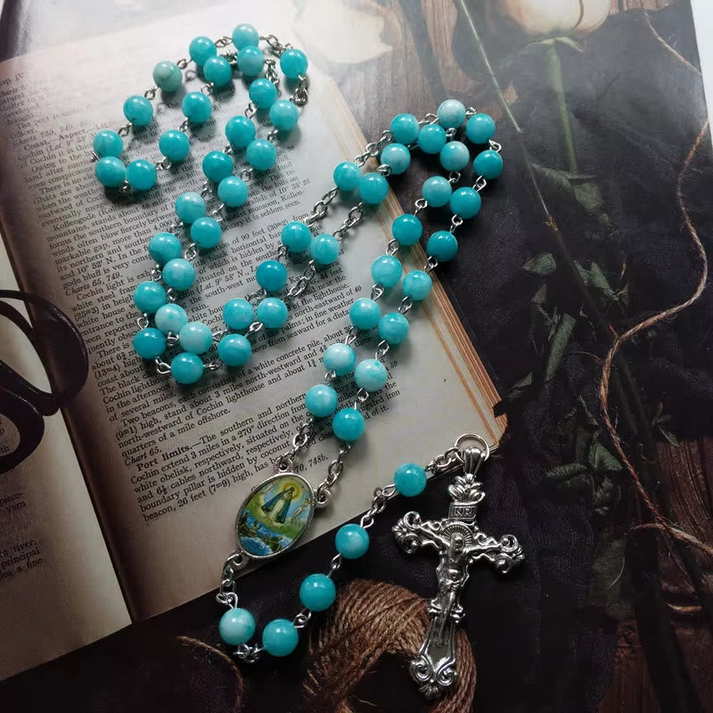 Christianartworkshop Chapelet en alliage avec pierre bleue ronde de 8 mm et crucifix - image 1