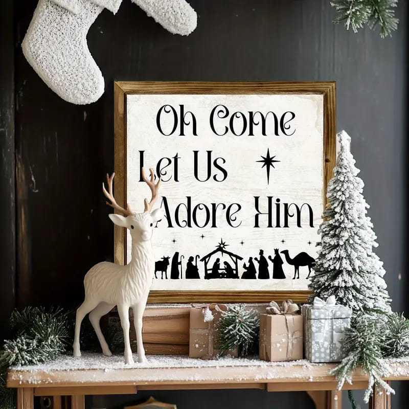 Christianartworkshop Décorations en bois pour la scène de la Nativité, style classique « Oh Come Let Us Adore Him » - image 2