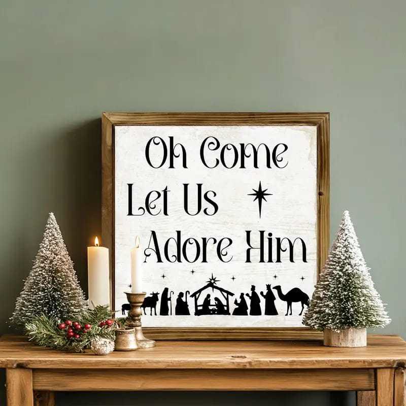Christianartworkshop Décorations en bois pour la scène de la Nativité, style classique « Oh Come Let Us Adore Him » - image 1
