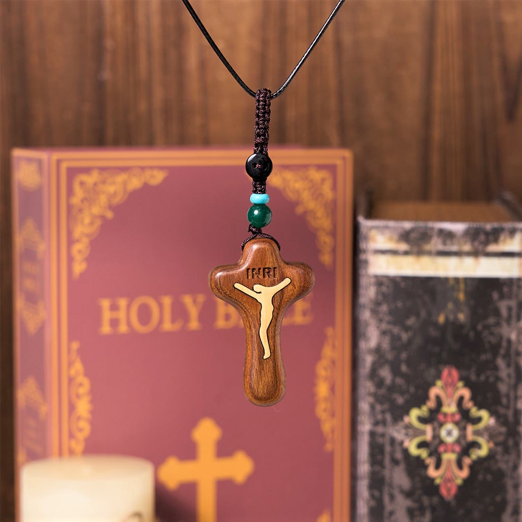 Christianartworkshop Pendentif/collier amulette croix de Jésus en bois de santal et buis, style minimaliste - Bois de santal et buis - image 0