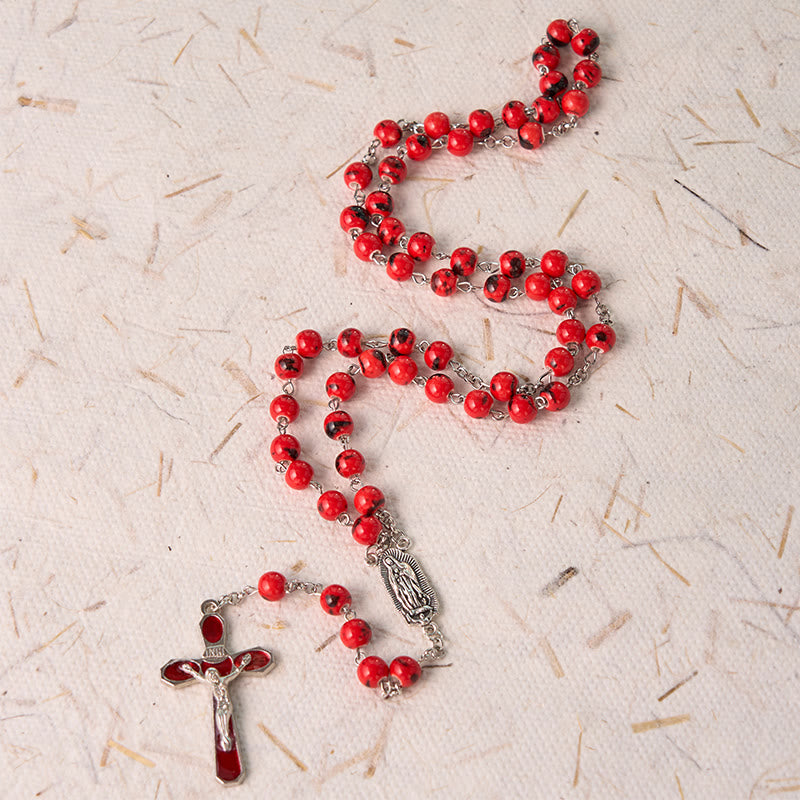 Christianartworkshop Chapelet Notre-Dame de Guadalupe et crucifix en céramique rouge ronde de 8 mm, chaîne en alliage - image 3
