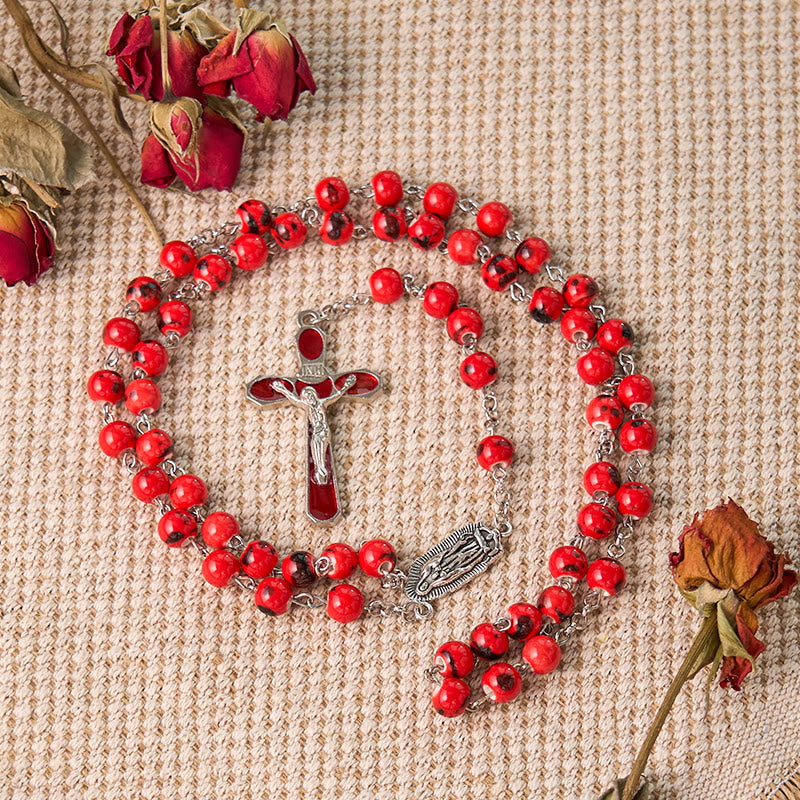 Christianartworkshop Chapelet Notre-Dame de Guadalupe et crucifix en céramique rouge ronde de 8 mm, chaîne en alliage - image 1