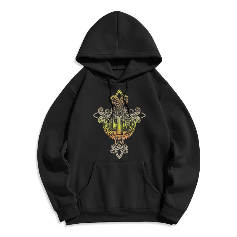 Christianartworkshop Sweat à capuche en polyester doublé polaire avec emblème de Saint Benoît coloré et volutes - Noir - 2XL - image 0