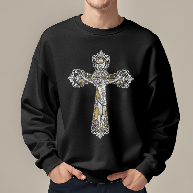 Sweat-shirt en polyester doublé polaire style classique avec croix de Saint Benoît, style Christianartworkshop - image 2