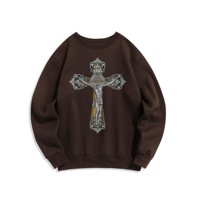 Sweat-shirt en polyester doublé polaire style classique avec croix de Saint Benoît, style Christianartworkshop - Brun - 2XL - image 15