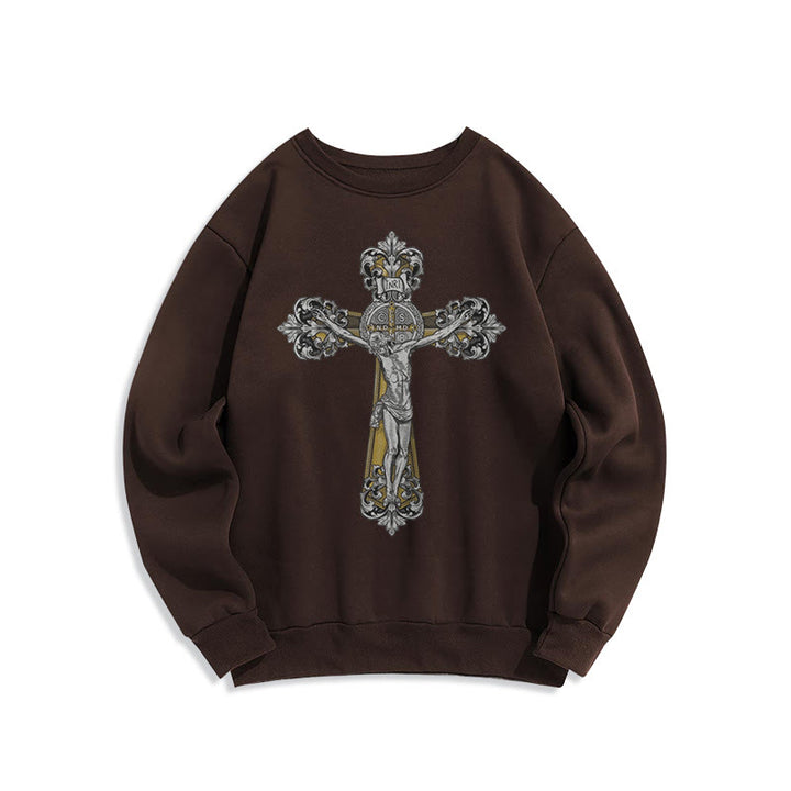 Sweat-shirt en polyester doublé polaire style classique avec croix de Saint Benoît, style Christianartworkshop - Brun - 2XL - image 15