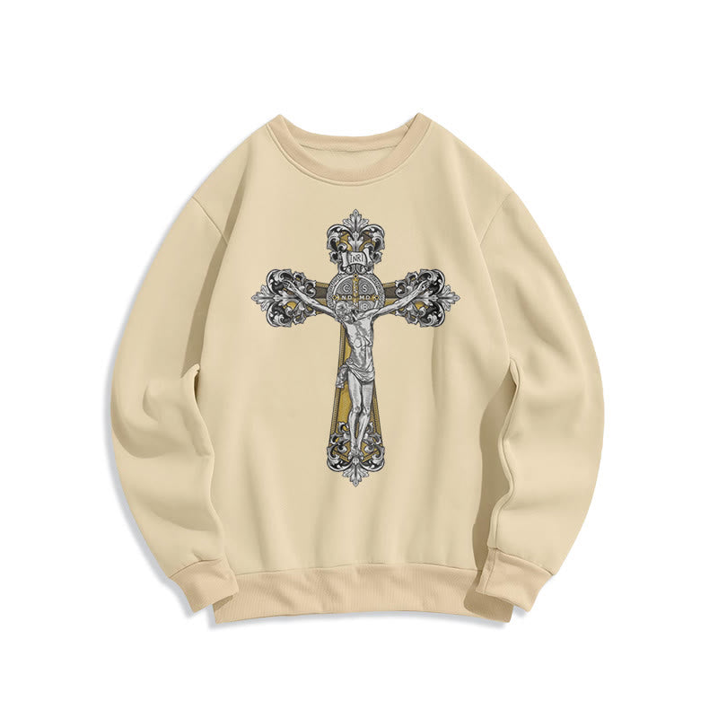 Sweat-shirt en polyester doublé polaire style classique avec croix de Saint Benoît, style Christianartworkshop - Beige - 2XL - image 10