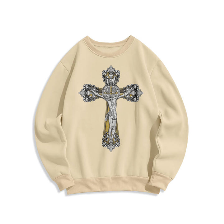 Sweat-shirt en polyester doublé polaire style classique avec croix de Saint Benoît, style Christianartworkshop - Beige - 2XL - image 10