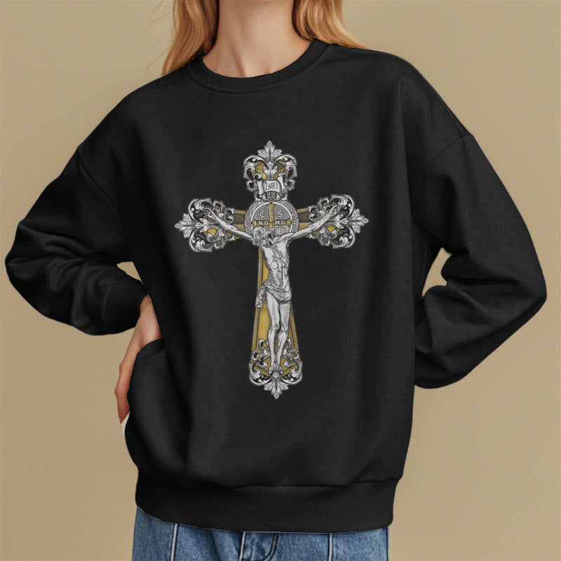 Sweat-shirt en polyester doublé polaire style classique avec croix de Saint Benoît, style Christianartworkshop - image 1
