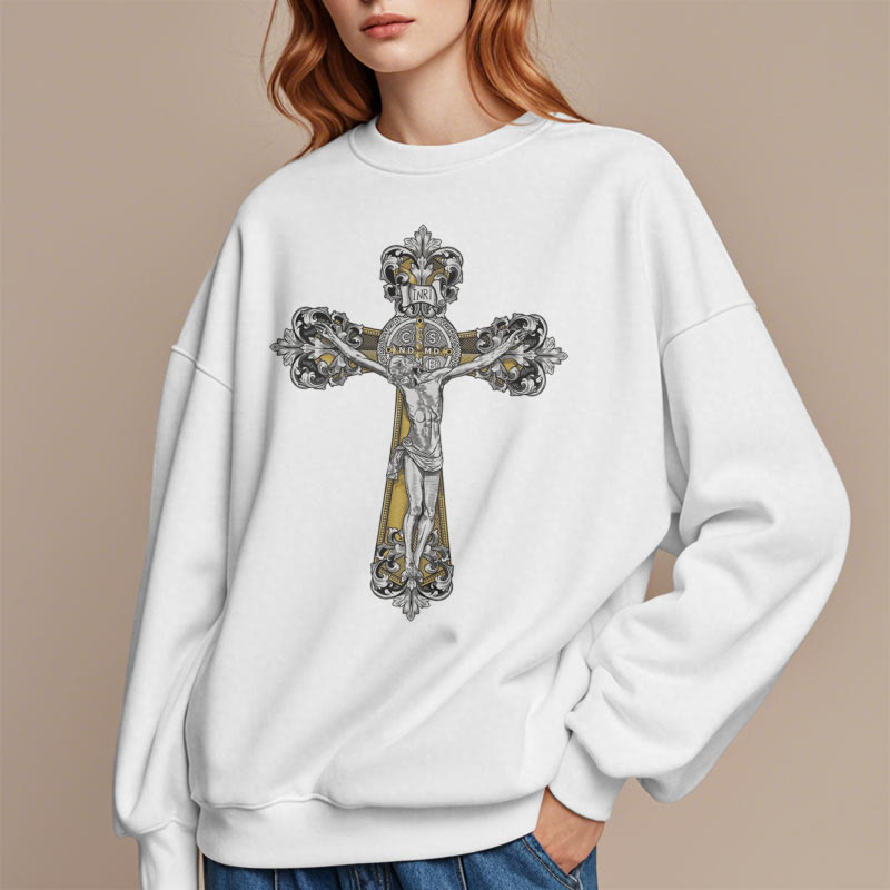 Sweat-shirt en polyester doublé polaire style classique avec croix de Saint Benoît, style Christianartworkshop - image 7
