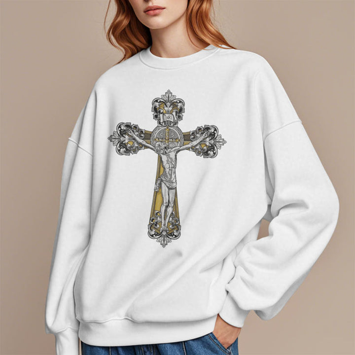 Sweat-shirt en polyester doublé polaire style classique avec croix de Saint Benoît, style Christianartworkshop - image 7