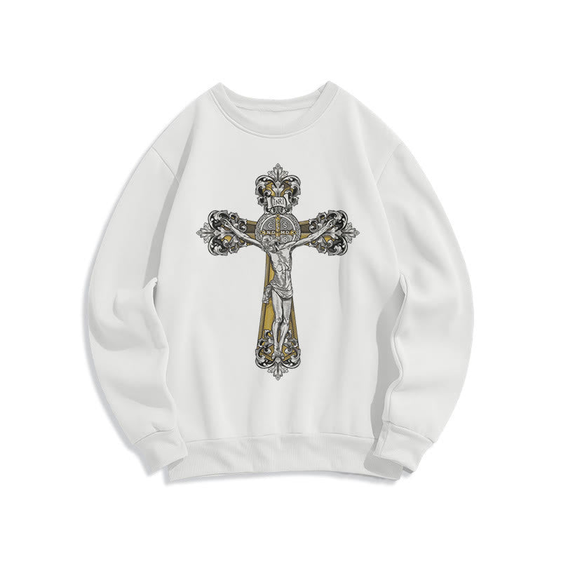 Sweat-shirt en polyester doublé polaire style classique avec croix de Saint Benoît, style Christianartworkshop - Blanc - 2XL - image 5