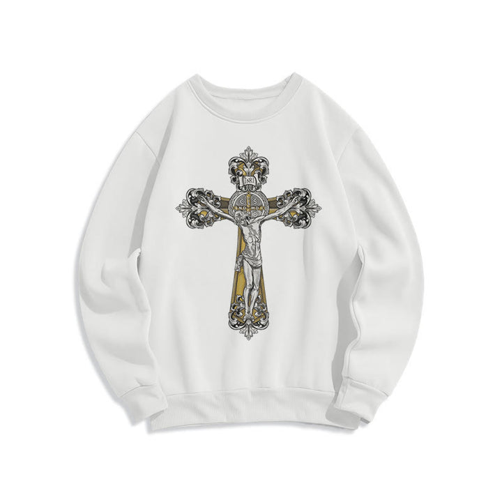 Sweat-shirt en polyester doublé polaire style classique avec croix de Saint Benoît, style Christianartworkshop - Blanc - 2XL - image 5