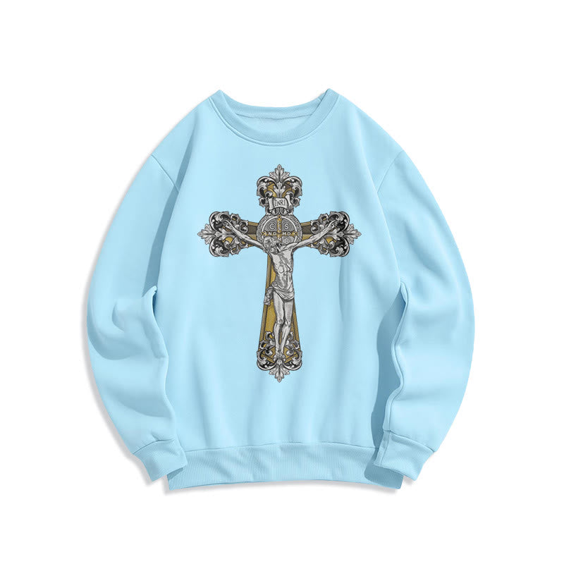 Sweat-shirt en polyester doublé polaire style classique avec croix de Saint Benoît, style Christianartworkshop - Bleu - 2XL - image 25