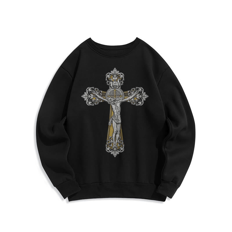 Sweat-shirt en polyester doublé polaire style classique avec croix de Saint Benoît, style Christianartworkshop - Noir - 2XL - image 0