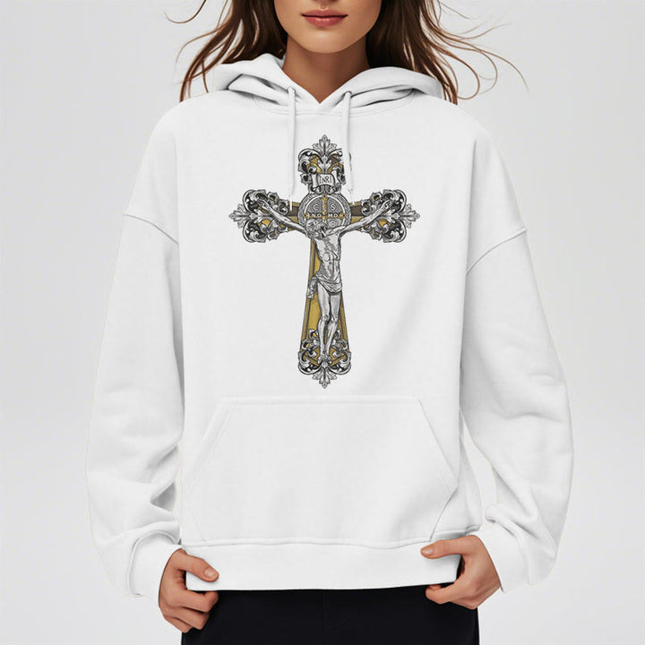 Sweat à capuche en polyester doublé polaire style classique Saint Benoît Cruxifix de Christianartworkshop - image 7