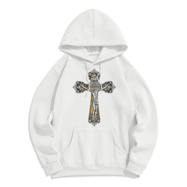 Sweat à capuche en polyester doublé polaire style classique Saint Benoît Cruxifix de Christianartworkshop - Blanc - 2XL - image 5