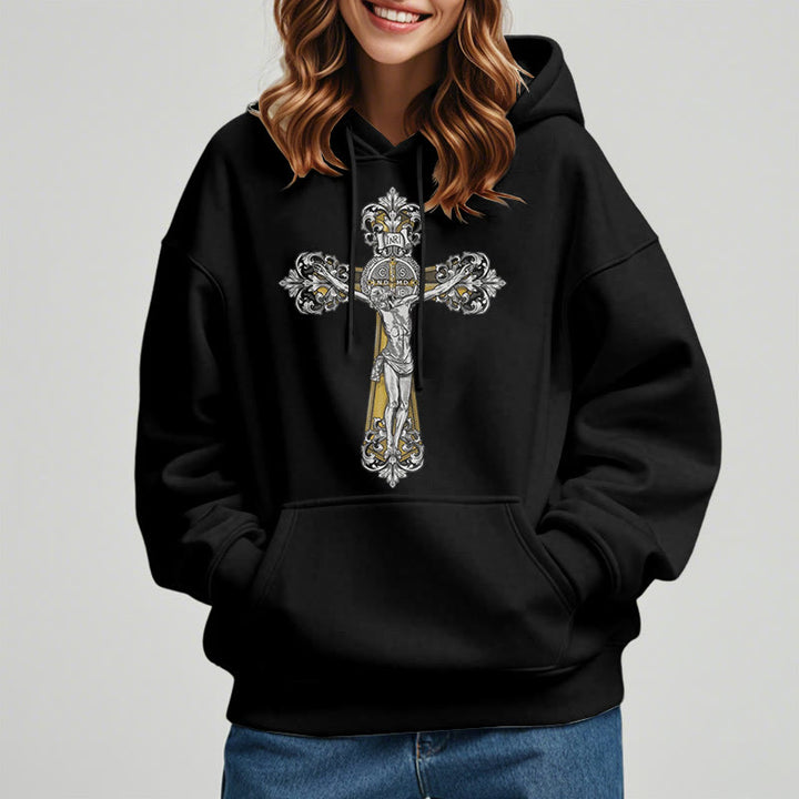 Sweat à capuche en polyester doublé polaire style classique Saint Benoît Cruxifix de Christianartworkshop - image 1