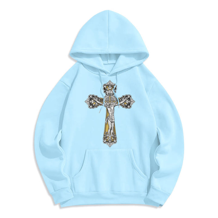 Sweat à capuche en polyester doublé polaire style classique Saint Benoît Cruxifix de Christianartworkshop - Bleu - 2XL - image 25