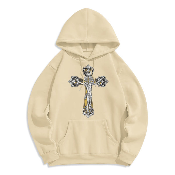 Sweat à capuche en polyester doublé polaire style classique Saint Benoît Cruxifix de Christianartworkshop - Beige - 2XL - image 10
