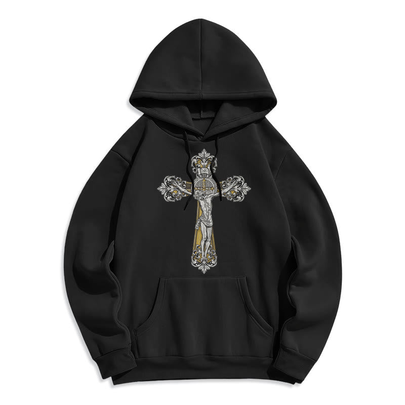 Sweat à capuche en polyester doublé polaire style classique Saint Benoît Cruxifix de Christianartworkshop - Noir - 2XL - image 0