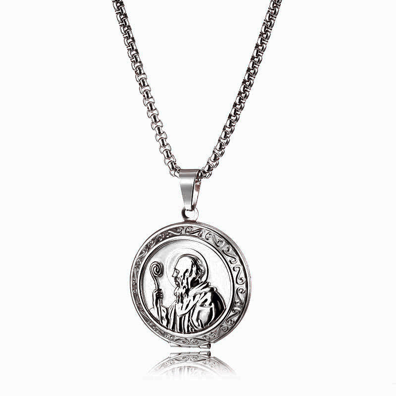 Christianartworkshop Collier pendentif médaillon double face gravé Saint Benoît, style classique - Argent - image 1