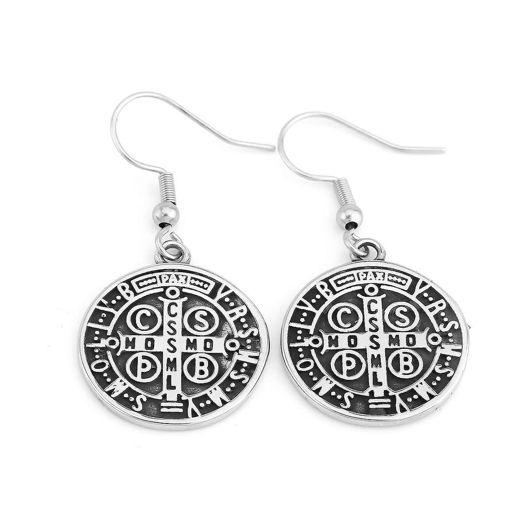 Boucles d'oreilles Christianartworkshop style classique, emblème gravé de saint Benoît, symbole de protection divine - image 4